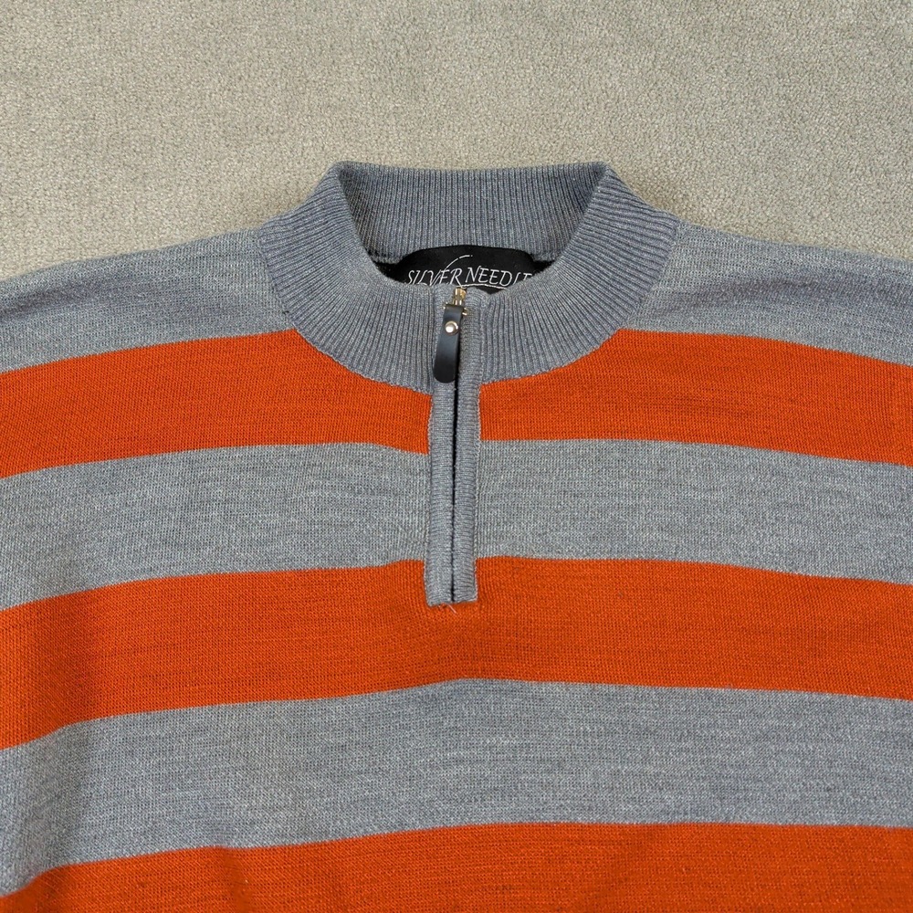 Silverneedle Quarter Zip Sweater Mens Large Gray Orange Striped Mock Neck Knit - Picture 4 of 10